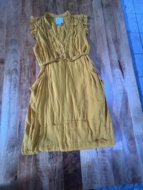 Odille Mustard Ruffle V-Neck Midi Dress